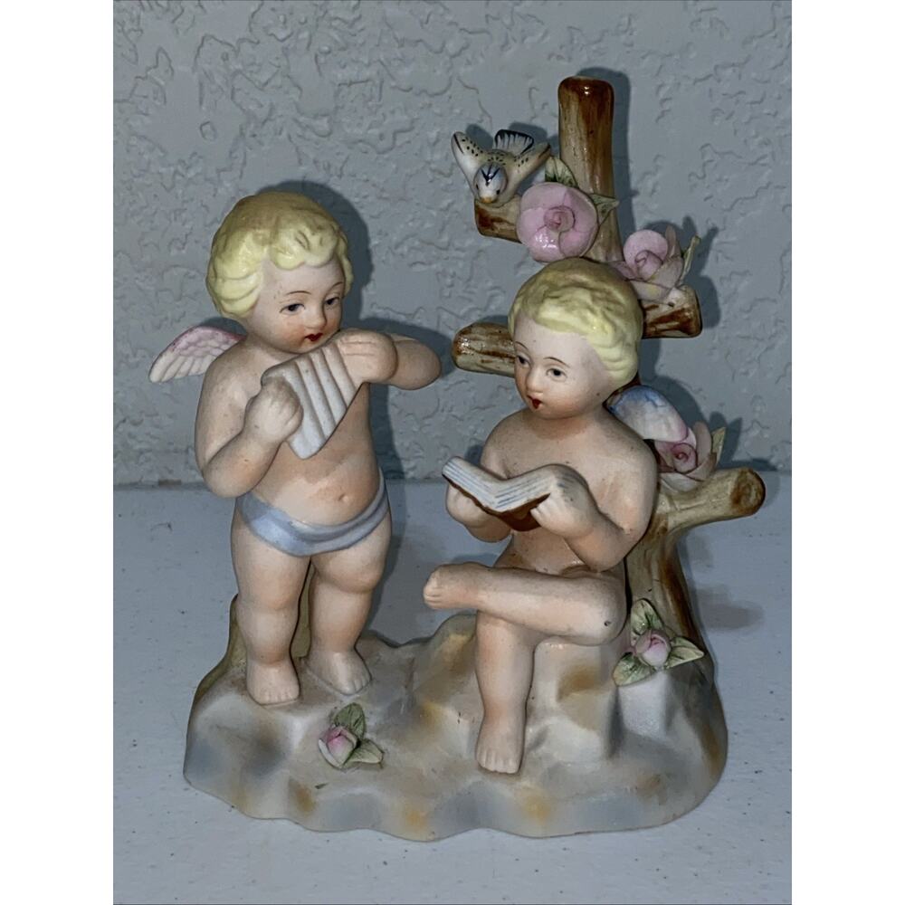 Vintage Andrea S Figurine Cherub Angels Bird Flowers Made In Occupied Japan